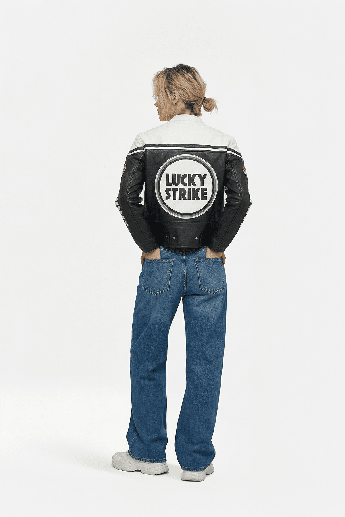 Lucky Strike Leather Jacket - Vintage Racing Jacket - White Black